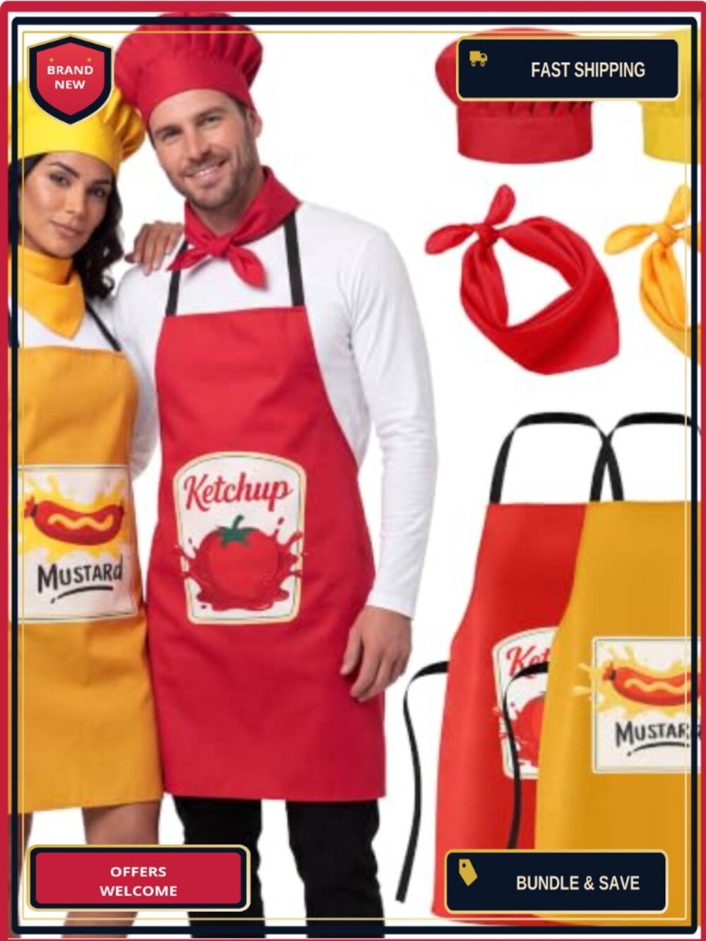 6PC Halloween Couples Costume Set Ketchup Mustard Cosplay Aprons Hats Scarves